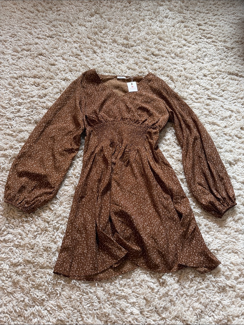 Brown Long-Sleeve Smocked Waist Mini Dress